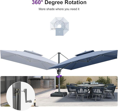 PURPLE LEAF Cantilever Umbrella with Base Included 12FT Outdoor Square Double Top Large Offset Hanging 360° Rotation Heavy Duty Umbrella for Garden Patio Deck Pool Spectrum Denim