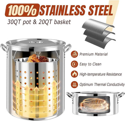 Stainless Steel Turkey Fryer Kit, 30QT Deep Pot & 10QT Fish Fryer, Waterproof Cover & 12-inch Skimmer, 55,000 BTUS Propane Burner Stove, Outdoor Deep Fryer, Crawfish Boiler with Basket