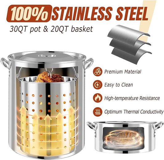 Stainless Steel Turkey Fryer Kit, 30QT Deep Pot & 10QT Fish Fryer, Waterproof Cover & 12-inch Skimmer, 55,000 BTUS Propane Burner Stove, Outdoor Deep Fryer, Crawfish Boiler with Basket