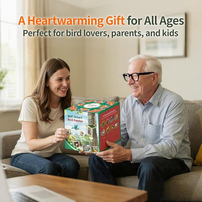 Smart Bird Feeder with Camera – 2K Live View, AI Bird Recognition, Squirrel-Proof, Dual Solar Roof, 5dB Antenna, Instant Alerts for Nature & Wildlife Lovers, Green