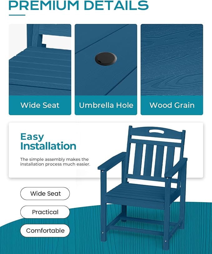 Ciokea HDPE Outdoor Dining Table with Umbrella Hole,66" Rectangle Patio Table for 6,All-Weather Outdoor Patio Furniture Set for Garden Backyard,Navy Blue