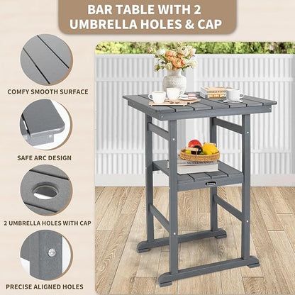 FUNBERRY Outdoor Bar Set with Umbrella Holes, Tall Adirondack Chairs and Table, All Weather HDPE Bar Height Outdoor Table and Chairs Set for Bistro Patio Balcony