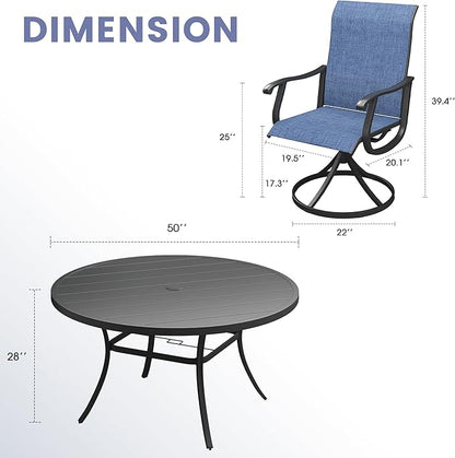 VICLLAX 7 Pieces Outdoor Dining Set, Patio Furniture Set of 6 Patio Swivel Dining Chairs and 50" Patio Round Table, Navy Blue Chairs & Black Tabletop