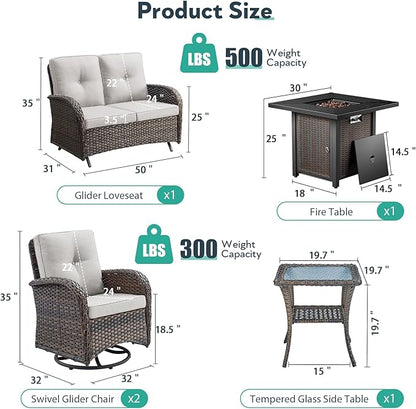 5 Piece Patio Furniture Set with Fire Pit Table - Wicker Patio Conversation Set with Swivel Glider, Glider Loveseat, Tempered Glass Side Table for Deck Backyard - Brown Wicker Beige Cushion
