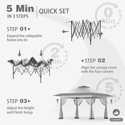 Bezseller 13x13 Pop Up Gazebo Tent with Mosquito Netting – Quick Set Up, Water-Resistant Outdoor Canopy for Patio, Garden, Backyard, and More,Light Grey