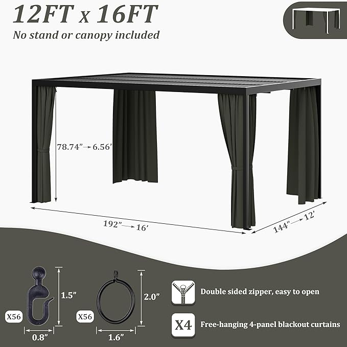 Gazebo Universal Replacement Privacy Curtain,12'×16' Gazebo Outdoor Waterproof Curtains, 4-Panels Sidewall Curtains with Double Zipper for Patio Canopy, Garden and Backyard (Curtain Only)