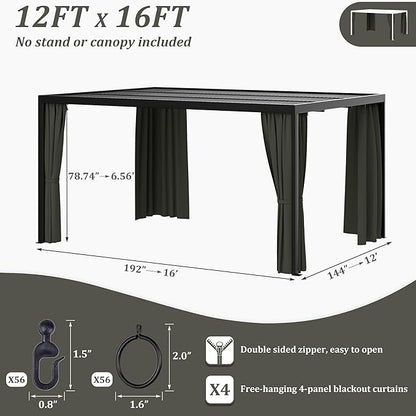 Gazebo Universal Replacement Privacy Curtain,12'×16' Gazebo Outdoor Waterproof Curtains, 4-Panels Sidewall Curtains with Double Zipper for Patio Canopy, Garden and Backyard (Curtain Only)