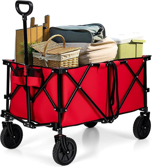 Goplus Collapsible Wagon, Folding Utility Wagon Cart w/Universal Wheels & Adjustable Handle & Cover Bag, Grocery Wagon for Garden Shopping Camping (Red)