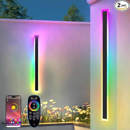 2 Pack Outdoor RGB Long Wall Lights, 39.4inch Wall Lights RGB/Warm/White Dimmable Modern Led Wall Lighting, Ip65 Waterproof Wall Sconce with Remote APP Control for Outdoor/Indoor Party Gathering