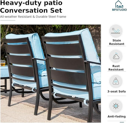 MFSTUDIO 5 Pieces Patio Conversation Sets,Outdoor Metal Furniture Sofas with 1 x 3-Seat Sofa, 2 x Rocking Chairs,2 x Ottoman,Wrought Iron Frame with Blue Cushion for Patio Courtyard Balcony