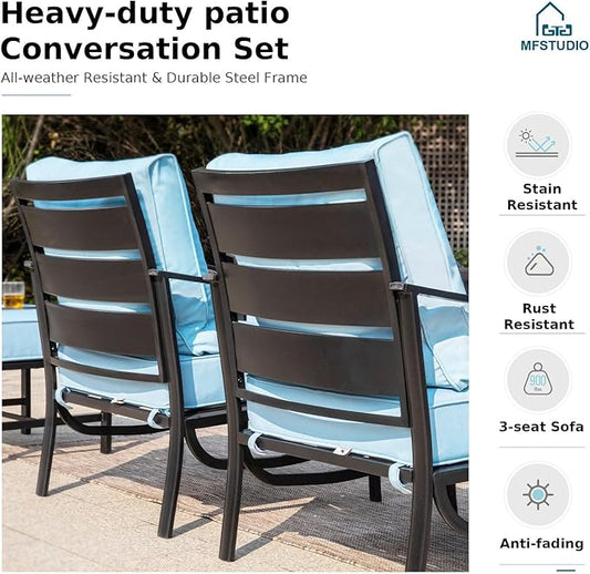 MFSTUDIO 5 Pieces Patio Conversation Sets, Outdoor Metal Furniture Sofas with 1 x 28 50,000 BTU Square Propane Fire Table and 4 x Wrought Iron Frame Rocking Chairs with Blue Cushion