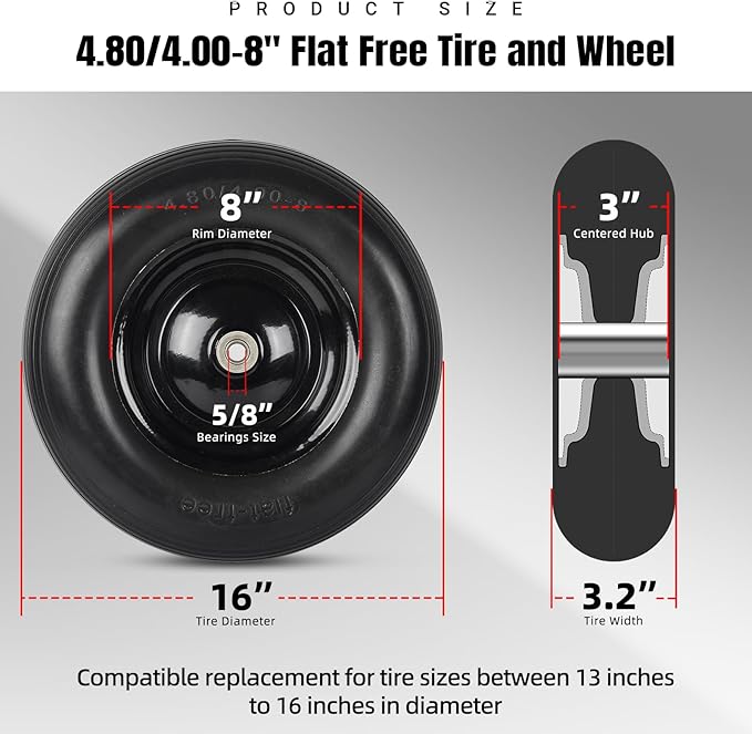 (2-PACK) 4.80/4.00-8" Tire and Wheel - Universal Fit 16" Flat Free Solid Wheelbarrow Tires with 3" Hub and 5/8" Bearings – Extra Adapter kit includes 3/4" Ball Bearings, 1" and 1/2" Nylon Spacers
