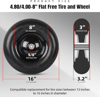 4.80/4.00-8" Flat Free Tire and Wheel - 16 Inch Solid Rubber Wheelbarrow Tires with 5/8" and 3/4" Ball Bearings, 3" Centered Hub (Extra Adapter kit includes Bearing, 1" and 1/2" Nylon Spacers)