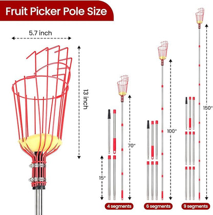 Fruit Picker Pole with Basket Segmented Fruit Picker Pole Tool for Apple Avocado Cherry Lemon Mango Orange Peach Picking(40-160") 8FT