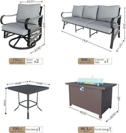 5 Pieces Patio Conversation Sets, All Weather Metal Outdoor Furniture Set, 3-Seater, 2 Swivel Rockers, 1 Side Tables, 1 Fire Pit Table for Backyard Garden Deck Porch Poolside, Gray