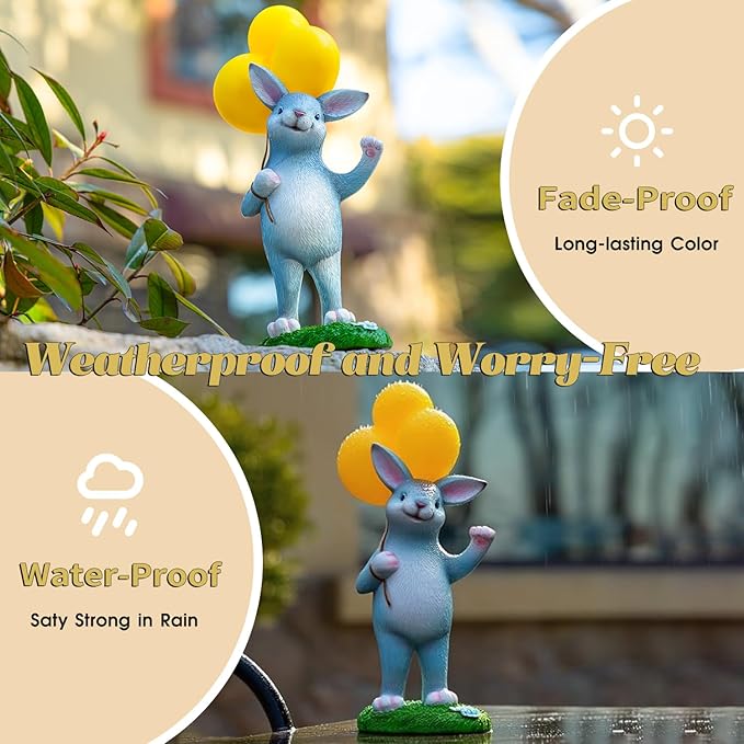 WHIMSYNOOK 11.8" Resin Rabbit with Balloon Solar LED Garden Statue Light, Ideal for Porch, Lawn, Yard, Housewarming, or Birthday Gifts for Mom, Family, and Bunny Lovers