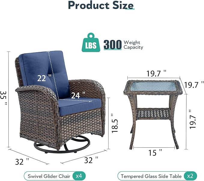 Outdoor Swivel Glider Rocker Chairs Set of 4 - Wicker Patio Furniture Set All Weather Patio Conversatio Sets with 2 Tempered Glass Side Table for Deck Backyard - Brown Wicker Blue Cushion