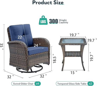 Outdoor Swivel Glider Rocker Chairs Set of 4 - Wicker Patio Furniture Set All Weather Patio Conversatio Sets with 2 Tempered Glass Side Table for Deck Backyard - Brown Wicker Blue Cushion