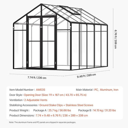 VEVOR Polycarbonate Garden Greenhouse, 8 x 10 Ft, with 2 Ventilation Windows, Hinged Door, Pavilion Style, Large Aluminium Greenhouse Kit, Flower Plant Shelter for Outdoors, Backyard