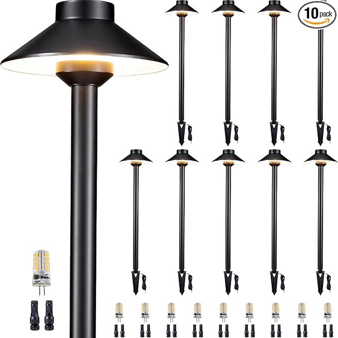 Gardenreet Brass Landscape Path Lights - 12V Low Voltage Pathway Light IP65 Waterproof, Outdoor Walkway Lighting Wired, Hat Black for Patio Lawn with 3W 4000K Neutral White G4 Bulb (10 Pack)