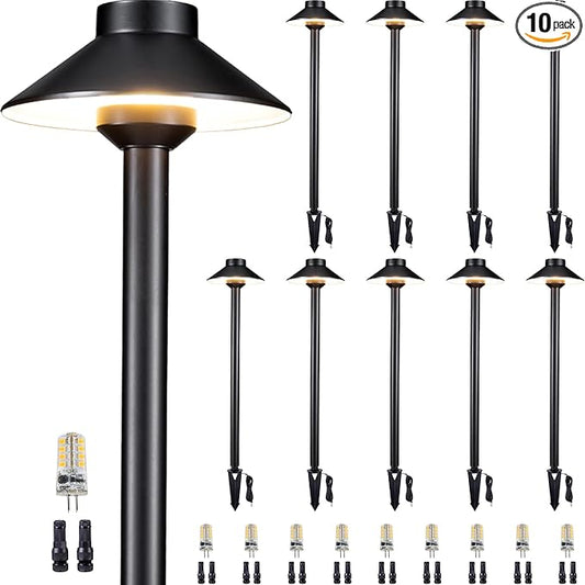 Gardenreet 12V Brass Landscape Path Lights - LED Low Voltage Pathway Lamp IP65 Waterproof, Outdoor Walkway Lighting Wired, Hat Black for Patio Lawn with 3W 270LM 5000K Daylight G4 Bulb (10 Pack)
