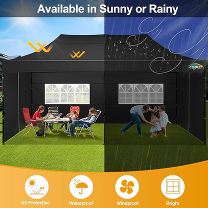 COBIZI 10x20 Pop up Canopy Tent 10x20 Canopy with 6 Sidewalls Waterproof Heavy Duty Commercial Canopy Tent for Parties Outdoor Tent Garden Gazebo Tent, Carry Bag with Wheel(10x20ft, Black)