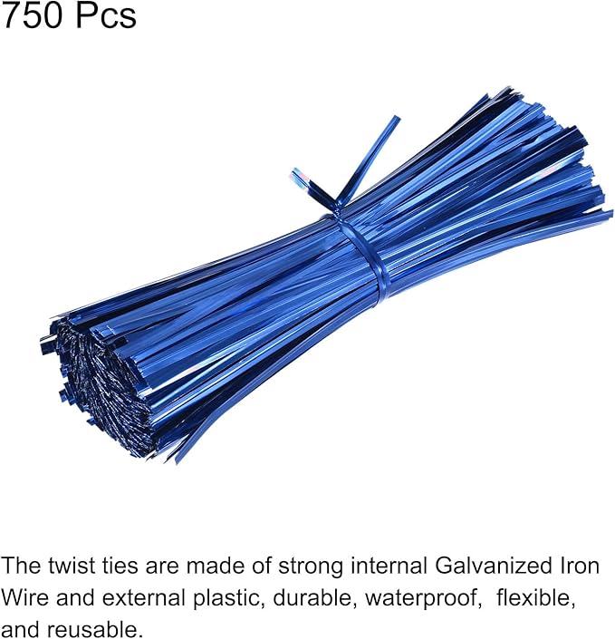 MECCANIXITY Foil Twist Ties 6" 15cm Metallic Plastic Closure Tie for Tying Bread, Candy, Cookies, Gift Bags Arts Crafts Ties Blue Pack of 750