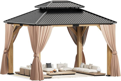 13'x 15' Outdoor Wooden Gazebo, Patio Hardtop Gazebos with Double Roof, Double Galvanized Steel Hardtop Roof Wood Frame with Netting and Curtains (13'x 15')
