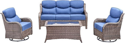 Luxury High Back Outdoor Furniture with 6-Inch Thick Cushions, Patio Furniture Set with Swivel Chairs, 4 PCS Wicker Conversation Set for Porch, Balcony, Deck and Yard