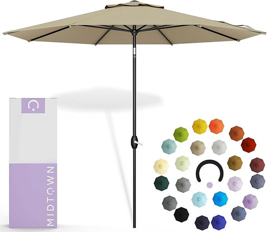 Midtown Umbrellas 10-Year-No-Fade - 9 Ft - UV Proof Beige Polyester Fabric - Umbrella Outdoor Patio, Auto-Tilt Aluminum Frame Patio Umbrella for Garden, Pool & Deck - Black Pole