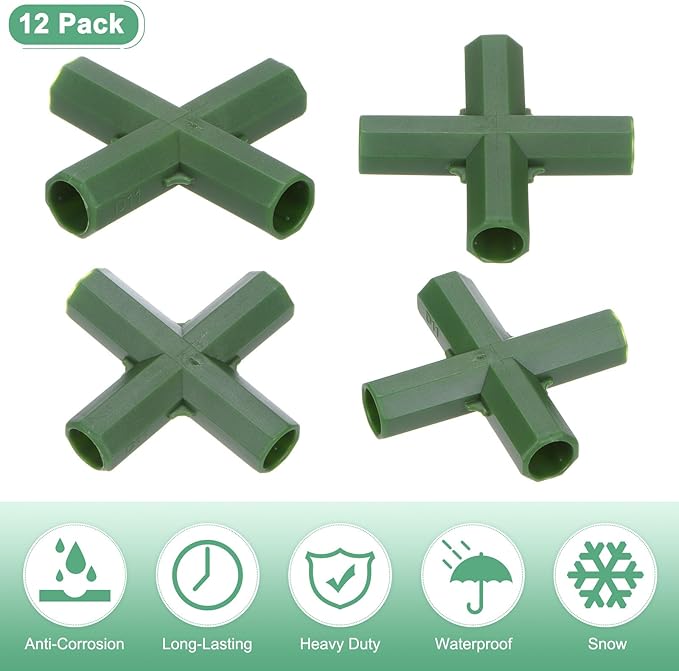 12 Pcs 11mm Greenhouse Frame Building Connectors, 4 Way Flat Pipe Fitting for Grape Trellis/Sunscreen Shed/Gardening Plant Stakes, Greenhouse Accessories [Green]