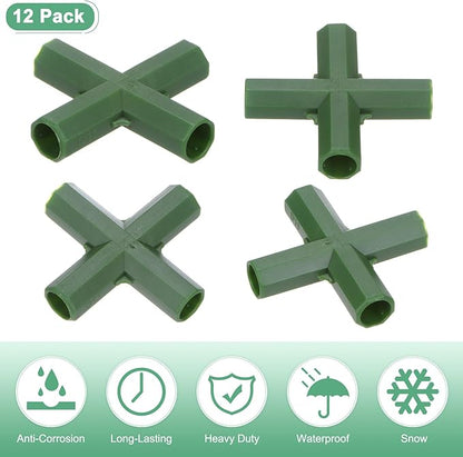 12 Pcs 11mm Greenhouse Frame Building Connectors, 4 Way Flat Pipe Fitting for Grape Trellis/Sunscreen Shed/Gardening Plant Stakes, Greenhouse Accessories [Green]