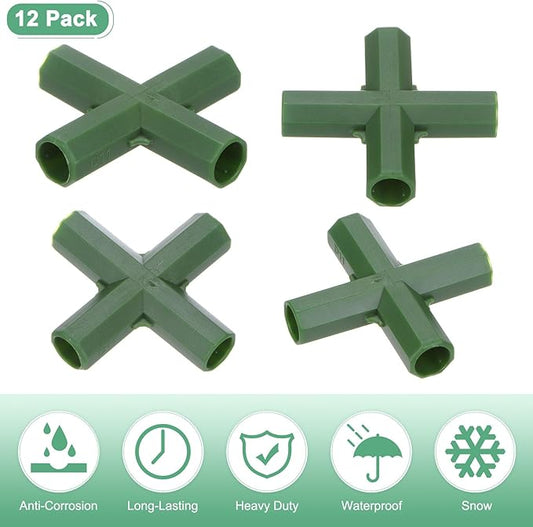 12 Pcs 11mm Greenhouse Frame Building Connectors, 4 Way Flat Pipe Fitting for Grape Trellis/Sunscreen Shed/Gardening Plant Stakes, Greenhouse Accessories [Green]