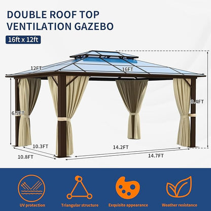12'x16' Hardtop Gazebo, Outdoor Polycarbonate Double Roof Canopy, Aluminum Frame Permanent Pavilion with Curtains and Netting, Sunshade for Garden, Patio, Lawns