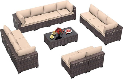 Outdoor Patio Furniture Set, 14 Pieces Outdoor Furniture All Weather Patio Sectional Sofa PE Wicker Modular Conversation Sets with Coffee Table,12 Chairs & Seat Clips(Sand)