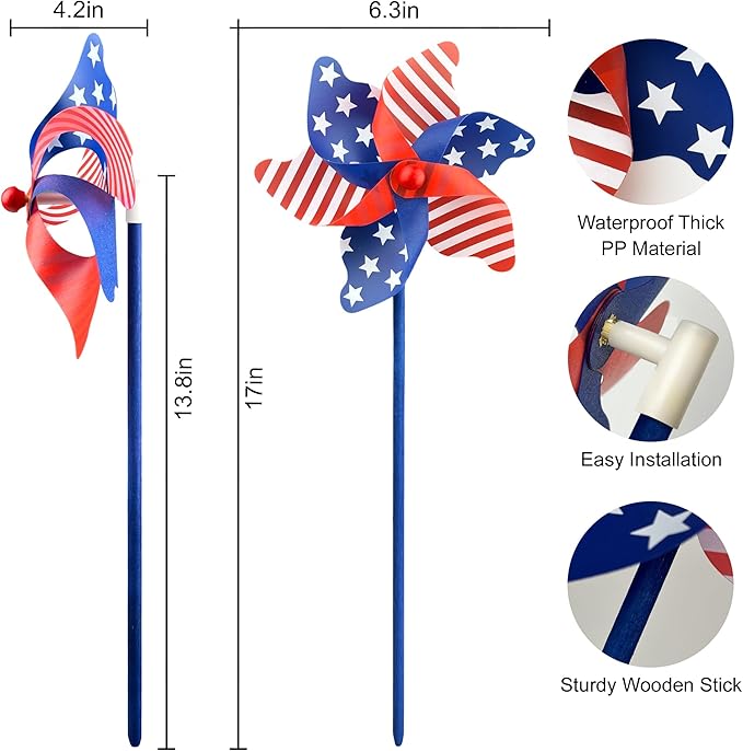 IiILittle 12 Pack Patriotic Pinwheels, No Assembly Required, American Flag Pinwheels, Wind Spinners for Yard for 4th of July Decor, Memorial Day Decor, Patriotic Outdoor Decor