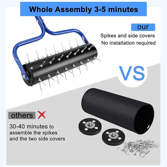 21" Rolling Lawn Aerator, 45 Preassembled Spikes, Only Needs 3-5 Minutes to Assemble, No Looseness, No Bending, No Need to Add Weight, 75" Long Handle with Quick Clip Connections - Blue