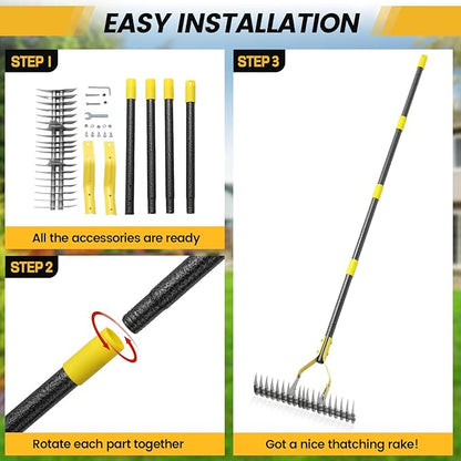 Thatch Rake 5.5FT Heavy Duty Metal Dethatcher Rake with Adjustable Long Handle 19-Tine 15” Wide Lawn Yard Garden Tool for Cleaning Dead Leaf Grass Loosing Soil