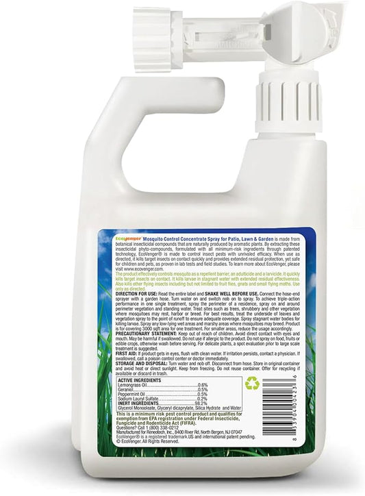 EcoVenger by EcoRaider Mosquito Control Triple-Action Hose-end Spray 32 oz, Kills Aphids, Gnats, Ticks, Kills All Stages + Larvae Control + Lasting Repellency, Citrus Scent, Non-Toxic Child-&-Pet-Safe