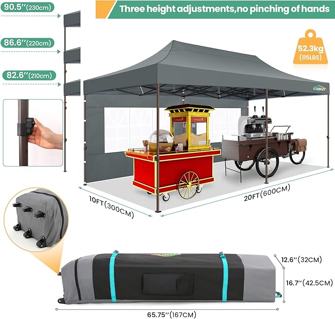 COBIZI 10x20 Pop Up Heavy Duty Canopy with 6 Sidewalls and Hexagonal Legs, Easy up Tent for Parties, Commercial and Wedding, Outdoor Canopy with Roller Bag, Sand Bags, Waterproof & UPF50+ (Gray)