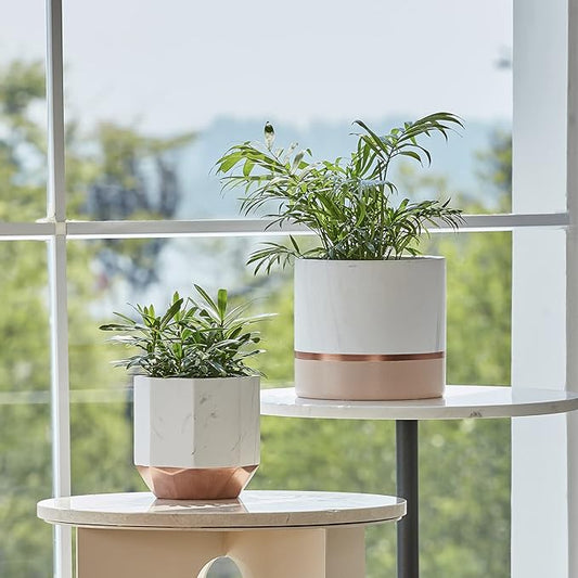 LA JOLIE MUSE White Ceramic Flower Pots - 6.7 + 5.4 Inch Indoor Planters, Plant Containers in a Marble Ink Pattern with Rose Gold and Pink Detailing