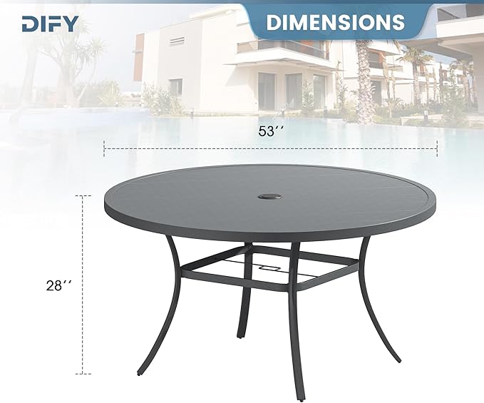 DIFY Patio Round Dining Table, 53" All Weather Round Outdoor Table with 1.57" Umbrella Hole for 8 Person, Perfect for Yard, Balcony and Lawn, Grey