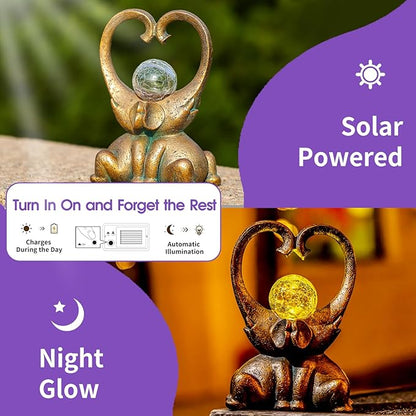 WHIMSYNOOK 7.9" Bronze Elephant Garden Statue with Heart-Shaped Trunks & Solar LED Light – Outdoor Decor for Porch, Lawn, Yard – Perfect Birthday, Housewarming Gifts for Mom and Elephant Lovers