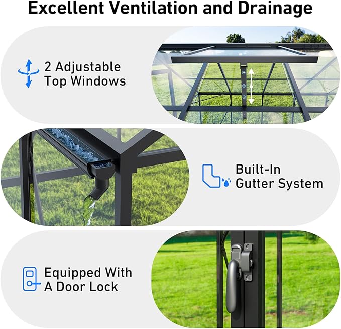 Outdoor Greenhouse, Polycarbonate Green House, Small Walk-in Greenhouse with Vented Roof Window, Windproof Aluminum Frame with Quick-Installation Structure, Suitable for Gardening