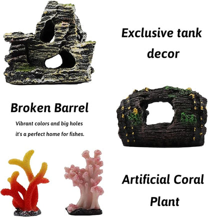 Fish Tank Decorations Plants with Resin Broken Barrel and Cave Rock View, 15pcs Aquarium Decorations Plants Plastic,Fish Tank Accessories, Fish Cave and Hideout Ornaments, Aquarium Decor
