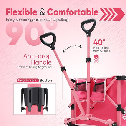 Sekey Pink Collapsible Foldable Wagon with 330lbs Weight Capacity, Heavy Duty Folding Wagon Cart with Big All-Terrain Wheels & Drink Holders. Pink