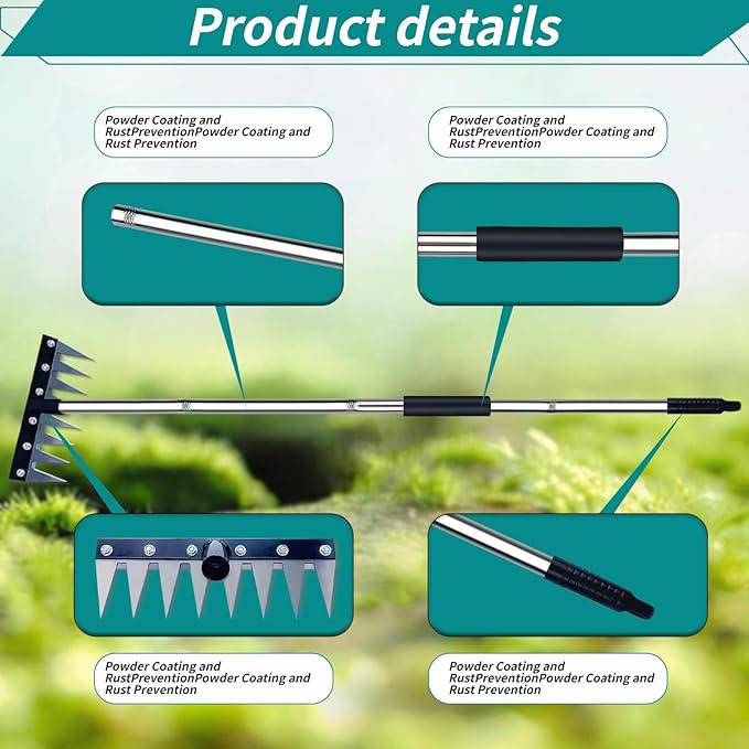 Garden Rake, 8 Tines Garden Weeding Rake with Sharp Blade with Steel Adjustable Handle (31'' to 63''), Garden Weed Puller Tool for Clearing Weed, Loosening Soil and Flower Beds