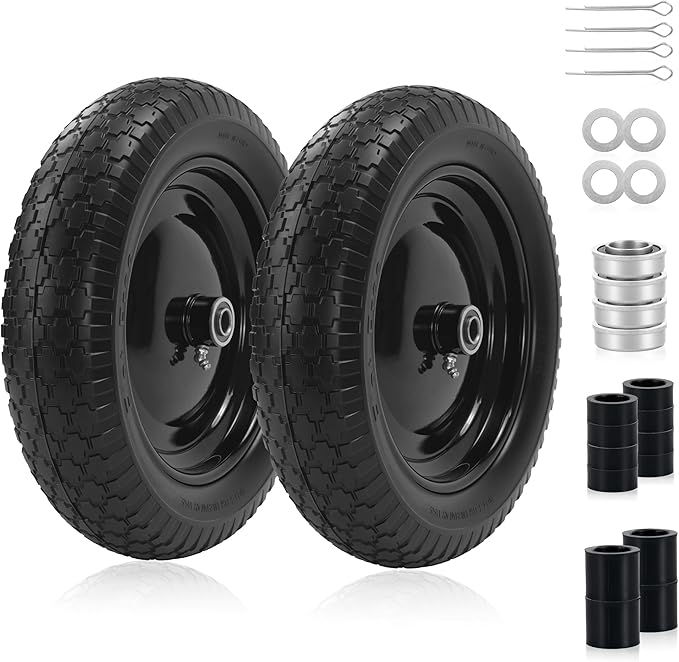 2PC 14.5" Wheelbarrow Tires, 4.80/4.00-8" Flat-Free Tire and Wheel, 5/8" Bearings, Extra 3/4" Bearing, Adjustable Center Hub for 3 to 7", Fits 4.80-8, 4.00-6, 3.50/2.50-8 Wheels, Maximum Load 300 lbs.