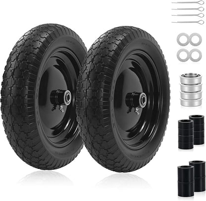2PC 14.5" Wheelbarrow Tires, 4.80/4.00-8" Flat-Free Tire and Wheel, 5/8" Bearings, Extra 3/4" Bearing, Adjustable Center Hub for 3 to 7", Fits 4.80-8, 4.00-6, 3.50/2.50-8 Wheels, Maximum Load 300 lbs.