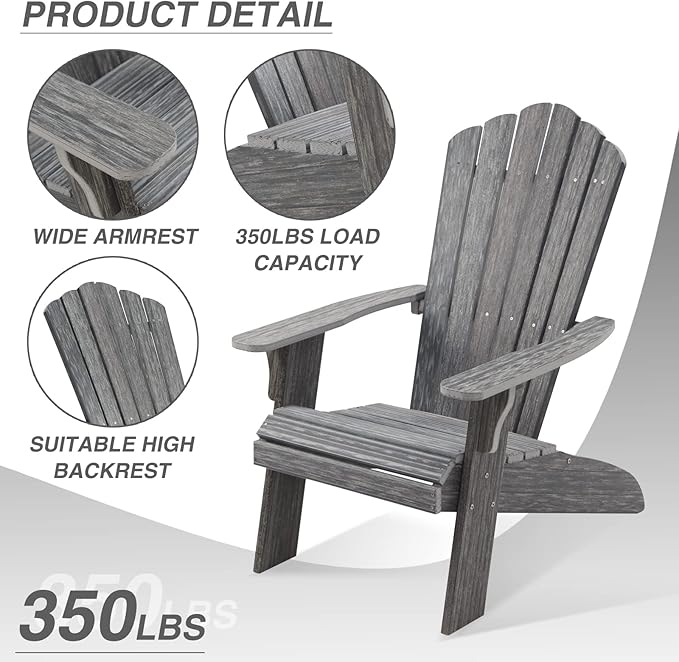 Adirondack Chair Set of 4, Outdoor Oversized Patio Chair Poly Lumber Weather Resistant & Durable Fire Pits Chair for Poolside,Lawn and Garden,350lbs Weight Capacity (Grey)